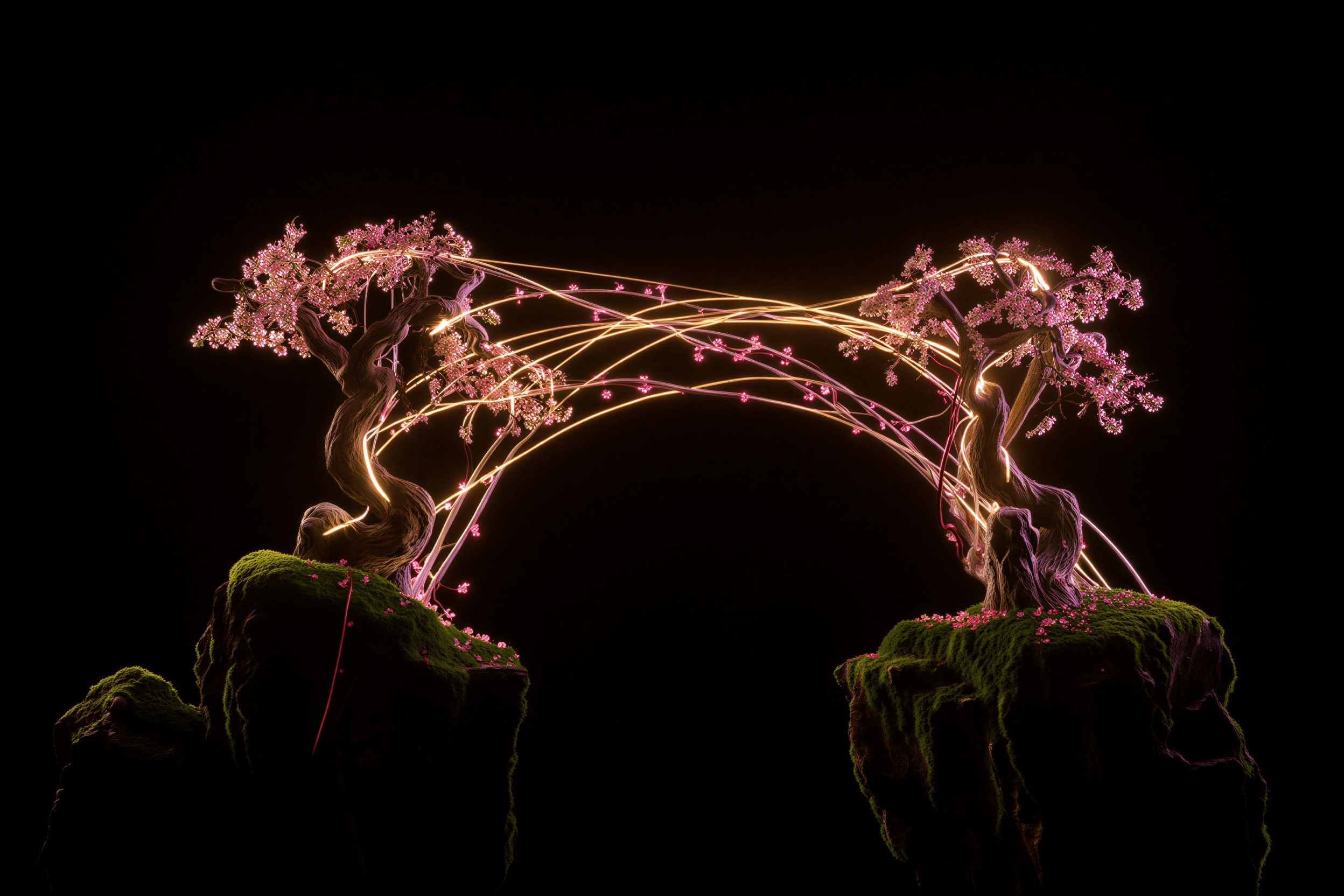Two trees connected by glowing arcs symbolizing growth